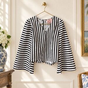 NWOT BURU Black & White Striped Cotton Bell Sleeve Blouse, Sm $198 E38